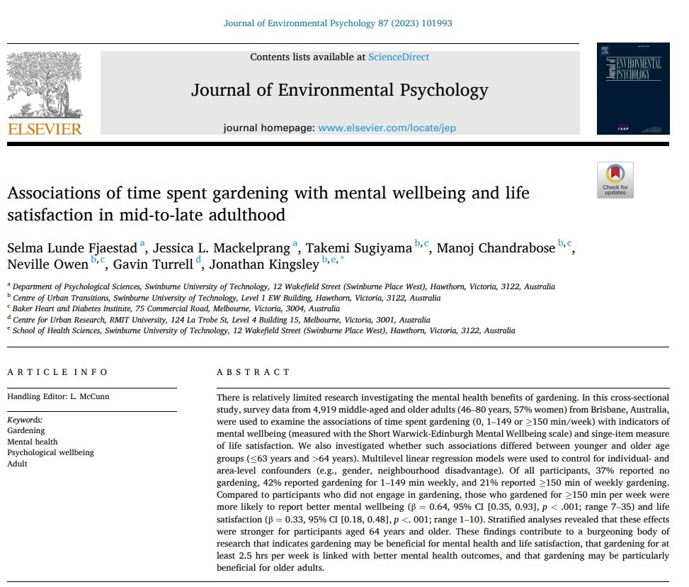 Have you ever felt good mentally after a dose of gardening? Here is new research to prove it wasn't in your head. New paper published in Journal of Environmental Psychology proving gardening is good for mental wellbeing & life satisfaction. Please read: authors.elsevier.com/a/1gm5yzzKDIKLV