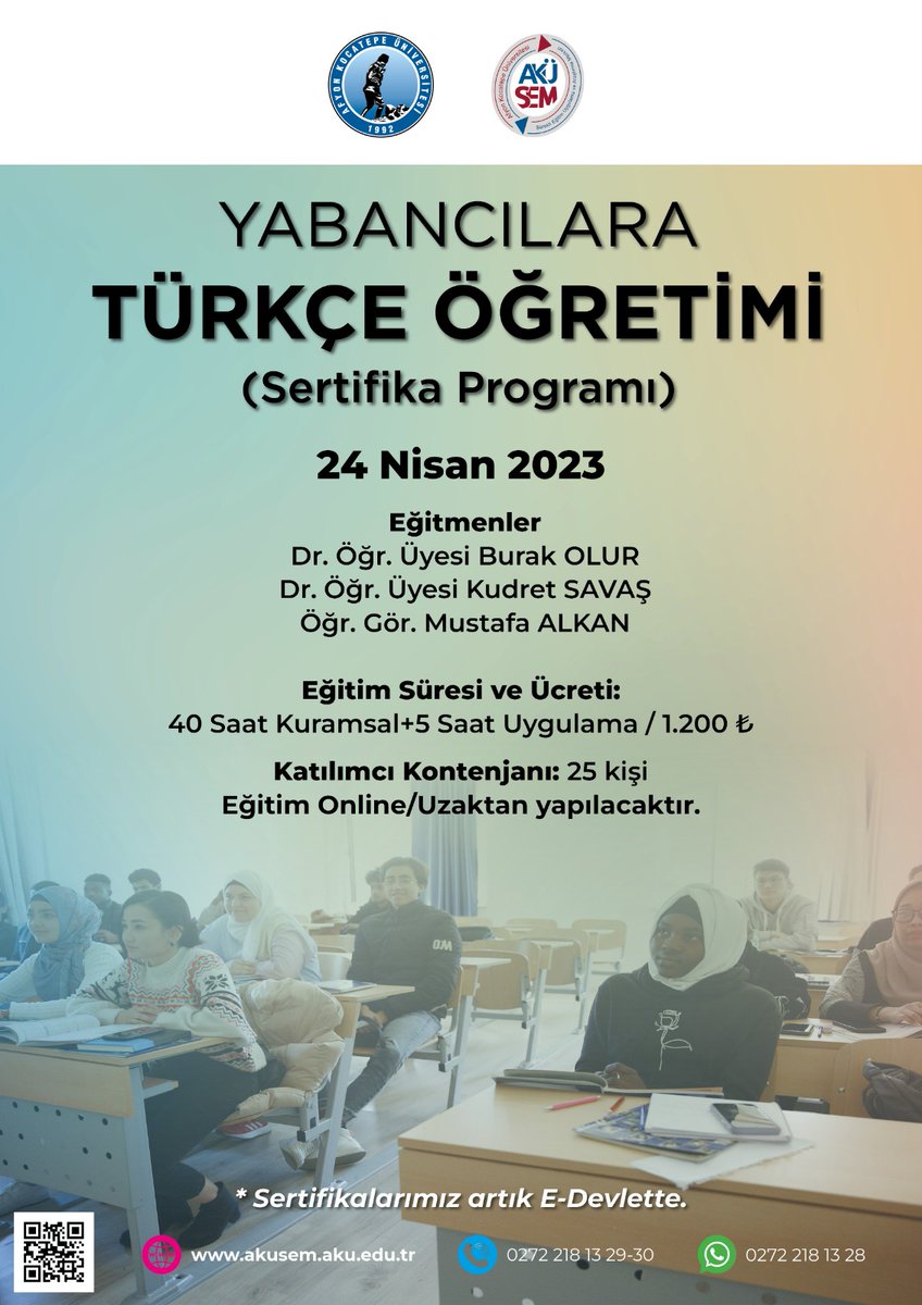 📣 Yabancı Dil Olarak Türkçe Öğretimi Kursu Başlıyor❗️❗️
📣 Başvuru tarihi 20 Mart ❗️
Kurs tarihi 24 Nisan
📣 Ayrıntılı bilgi ve ön başvurularınız için bize ulaşın 🔽
İnternet sitemiz: akusem.aku.edu.tr
İletişim için: 0272 218 13 36
