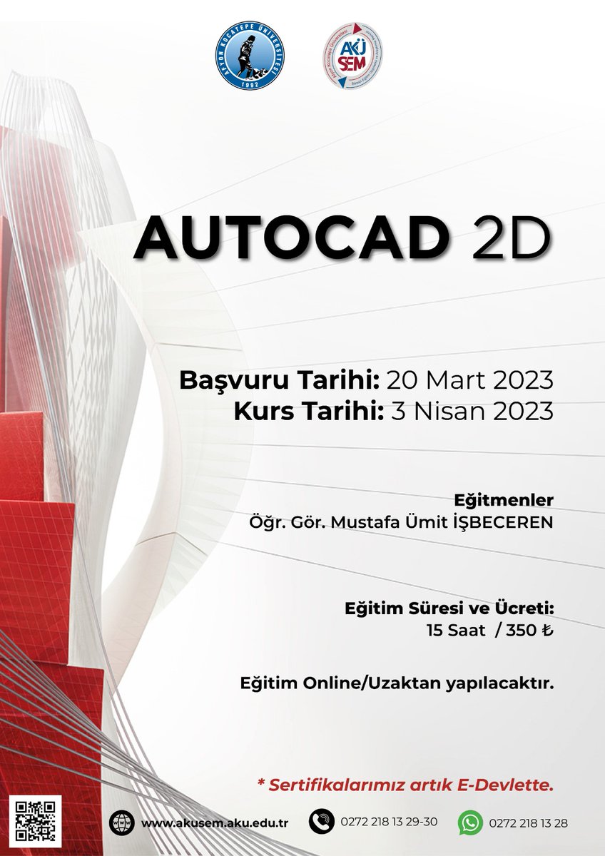 📣 2D AUTOCAD Eğitimi Başlıyor❗️❗️
📣 Başvuru tarihi 20 Mart ❗️
Kurs tarihi 3 Nisan
📣 Ayrıntılı bilgi ve ön başvurularınız için bize ulaşın 🔽
İnternet sitemiz: akusem.aku.edu.tr
İletişim için: 0272 218 13 36