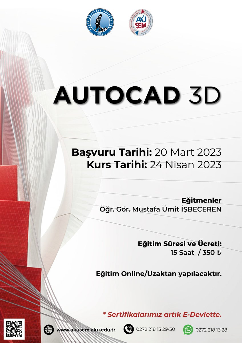 📣 3D AUTOCAD Eğitimi Başlıyor❗️❗️
📣 Başvuru tarihi 20 Mart ❗️
Kurs tarihi 24 Nisan
📣 Ayrıntılı bilgi ve ön başvurularınız için bize ulaşın 🔽
İnternet sitemiz: akusem.aku.edu.tr
İletişim için: 0272 218 13 36
