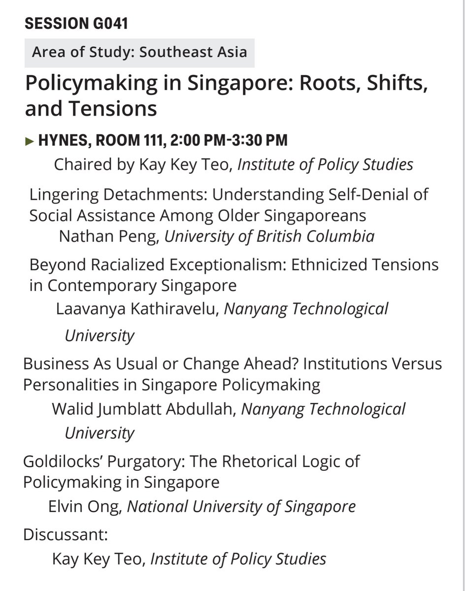 Elvin Ong 翁加运 (@elvinongpolsci) on Twitter photo Planning on panels to go to for <a href="/AASAsianStudies/">Association for Asian Studies</a> #AAS2023 tomorrow? Join me <a href="/walidjabdullah/">Walid J. Abdullah</a> <a href="/laavy_k/">Laavanya Kathiravelu</a> <a href="/NathanPengtrell/">Nathan Peng Li</a> and Kay Key on an fully packed all-Singaporean politics and policy panel at 2-3.30pm at Hynes Rm 111. Happening immediately after MSB business meeting. Planning on panels to go to for <a href="/AASAsianStudies/">Association for Asian Studies</a> #AAS2023 tomorrow? Join me <a href="/walidjabdullah/">Walid J. Abdullah</a> <a href="/laavy_k/">Laavanya Kathiravelu</a> <a href="/NathanPengtrell/">Nathan Peng Li</a> and Kay Key on an fully packed all-Singaporean politics and policy panel at 2-3.30pm at Hynes Rm 111. Happening immediately after MSB business meeting.