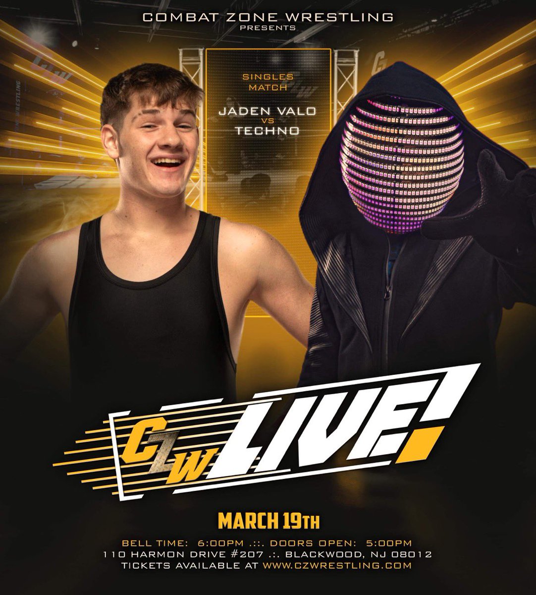 combatzone's tweet photo. *** BREAKING ***
#CZWLive UPDATE
JADEN VALO
vs
TECHNO
CZW Live!: 3/19
Tix: https://t.co/zf34gqbRzD
π: 6pm
110 Harmon Dr, Blackwood, NJ
*** FREE BEER + BYOB *** https://t.co/VI19C1t86R