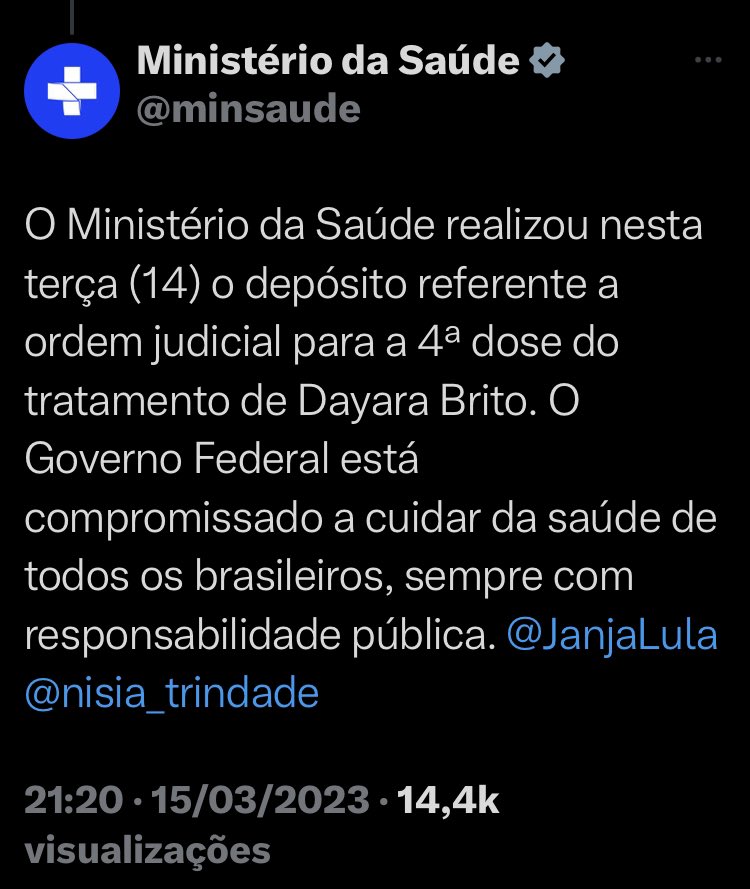 <a href="/gleisi/">Gleisi Hoffmann</a> Já são 18 dias

O <a href="/minsaude/">Ministério da Saúde 🩵</a> d <a href="/nisia_trindade/">Nísia Trindade Lima</a> NÃO comprovou cumprimento judicial e interrompeu o tratamento na 4ª dose

Sororidade com <a href="/DayaraBrito1/">Dayara Brito</a>!

Militância roga intervenção de <a href="/JanjaLula/">Janja Lula Silva</a> e <a href="/gleisi/">Gleisi Hoffmann</a> por Dayara, q tanto fez pra eleger <a href="/LulaOficial/">Lula</a>

#LulaMulheresComDireitos