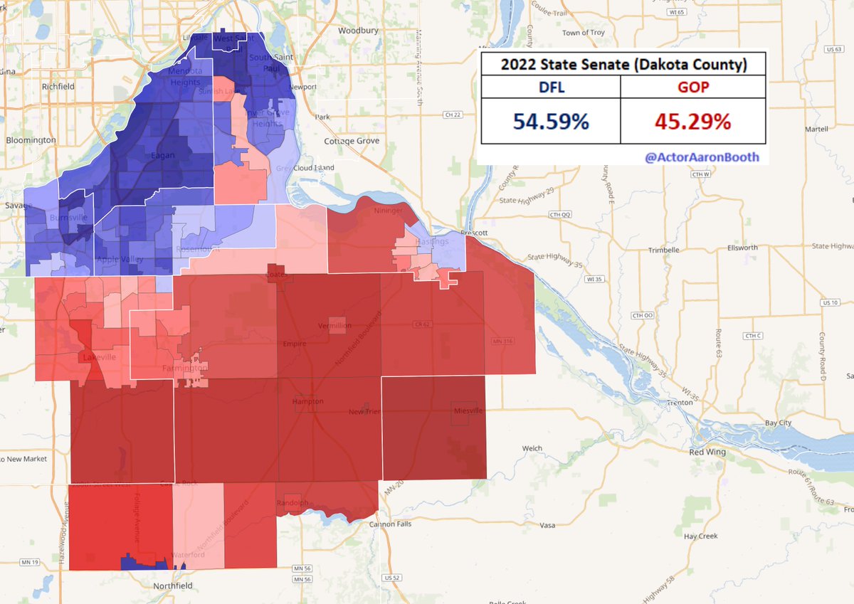 ActorAaronBooth's tweet photo. In large part, the DFL has been able to flip much of what is trending their way here in Dakota county at the state legislature level. The big target for them in 2024 and beyond though: #HD57B in northern Lakeville. It would have been Romney +13 in 2012 and Walz +2.9 in 2022. https://t.co/ggP5f0BtLY