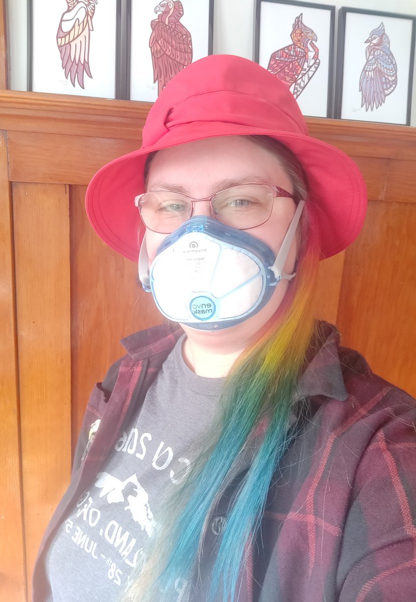 Hwesta's tweet photo. Excited for #PyCascades this weekend! I'm volunteering at the check-in desk at the social on Friday (today), and I'll be around in-person on Sat &amp; Sun. 

Selfies, with and without the mask I'll be wearing at the con https://t.co/KLyPJ1KfOF