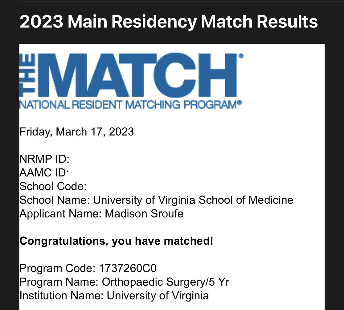 I happy and humbled to announce that I will be staying at UVA for Orthopaedic Surgery Residency! So excited for this next chapter! 🥳 #Match2023 #OrthoTwitter