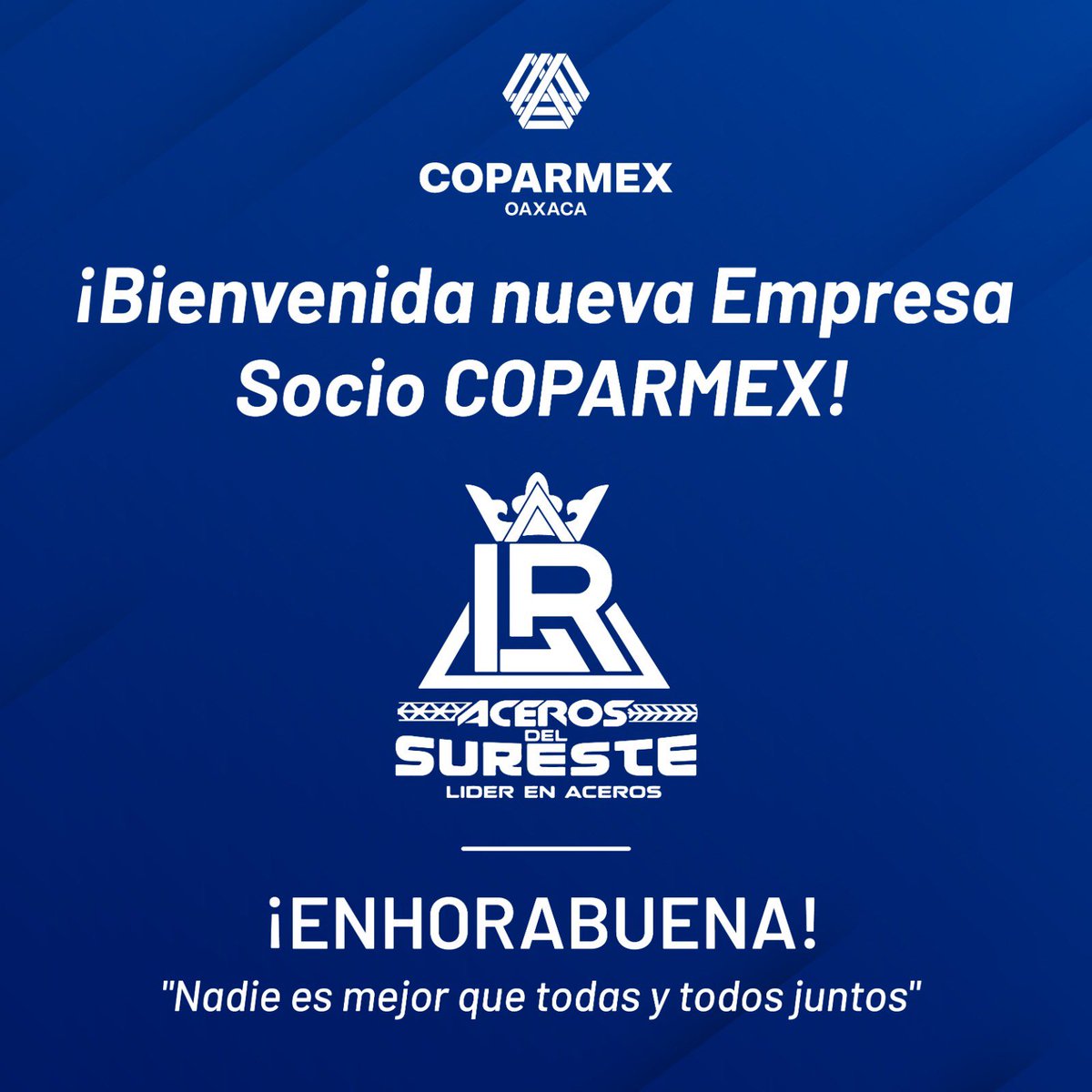YA SOMOS 130

¡Enhorabuena! 🎉
Agradecemos a la empresa ‘Aceros del Sureste’ por su participación y confianza a COPARMEX Oaxaca.

Felicitaciones por ser el socio número 130.🙌🏻
Estamos convencidos de crecer juntos con esta nueva alianza.

“Nadie es mejor que todas y todos juntos”.