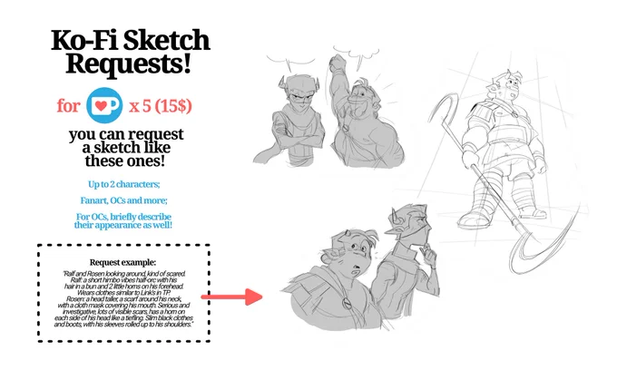 📌 Hey y'all!! 

 I'm opening up 15$ k0-fi Sketch Requests! (more info below, RTs appreciated!) ☕✨ 
