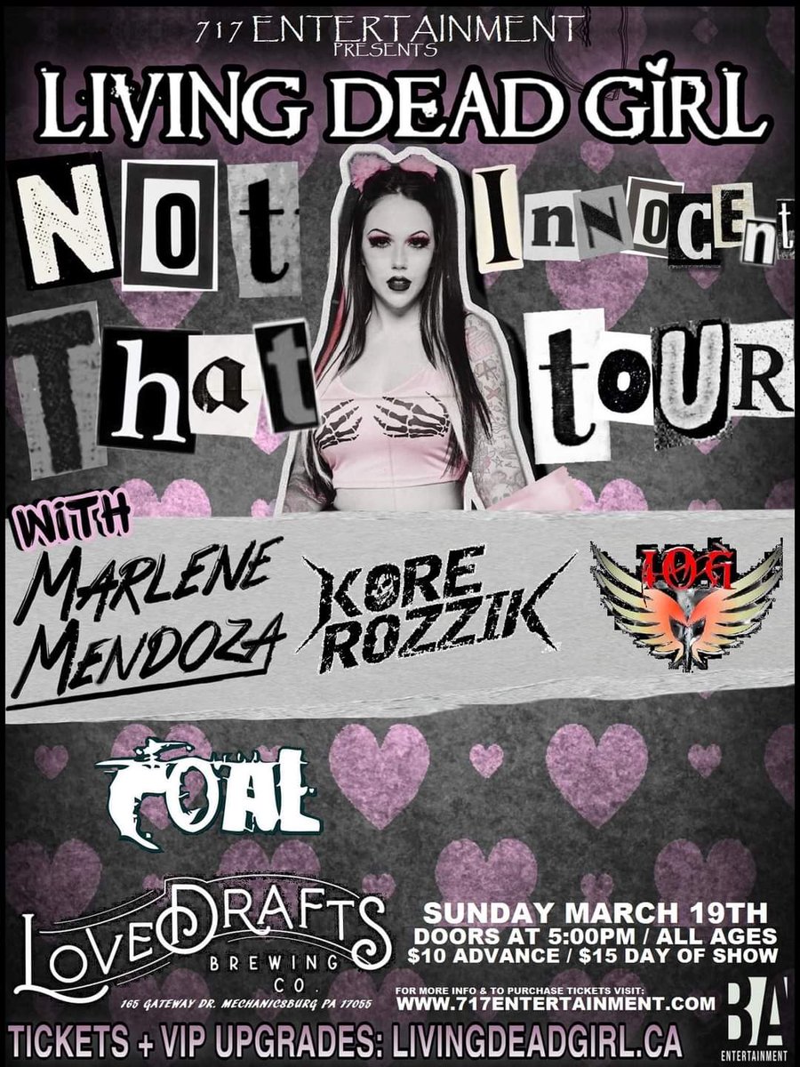 Lovedraft's Brewing Co. Mechanicsburg Pa. , Sunday 3/19 Coal , Living Dead Girl , Marlene Mendoza and Kore Rozzik  - End your St. Patrick's Day Weekend with a bang!! <a href="/SXMOctane/">SXMOctane</a> <a href="/THEX1057/">105.7 The X</a>  #threedaysgrace #askingalexandria #shinedown #foofighters #fallinginreverse #harrisburg