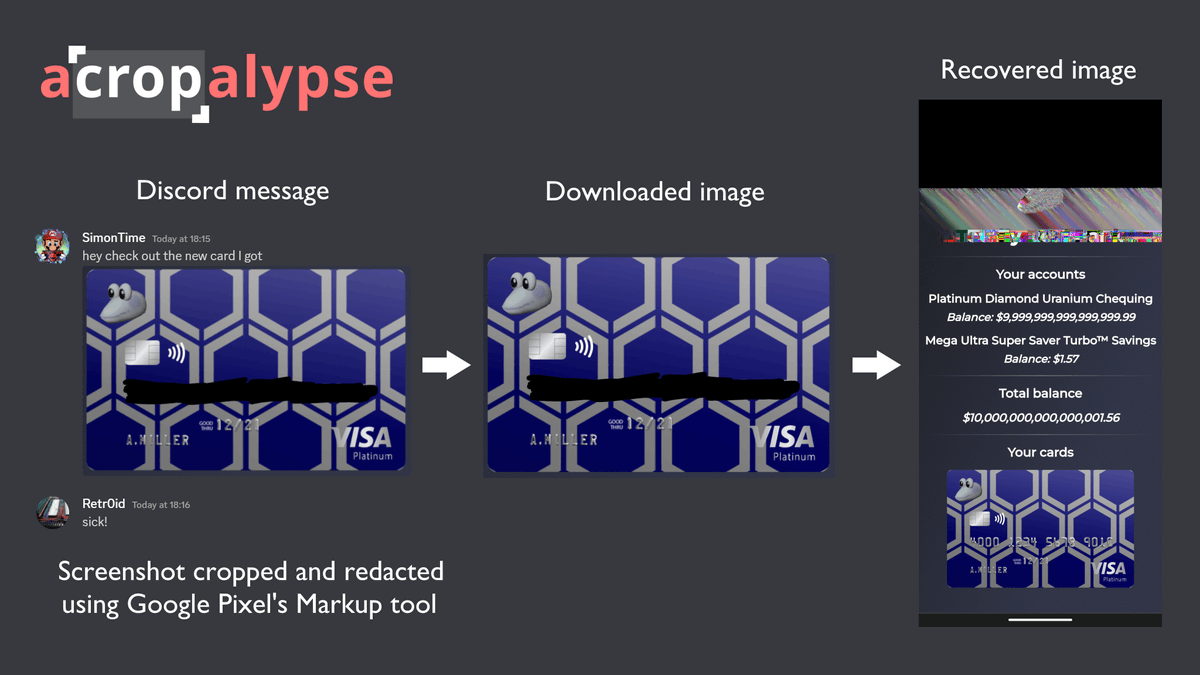 Introducing acropalypse: a serious privacy vulnerability in the Google Pixel's inbuilt screenshot editing tool, Markup, enabling partial recovery of the original, unedited image data of a cropped and/or redacted screenshot. Huge thanks to @David3141593 for his help throughout!