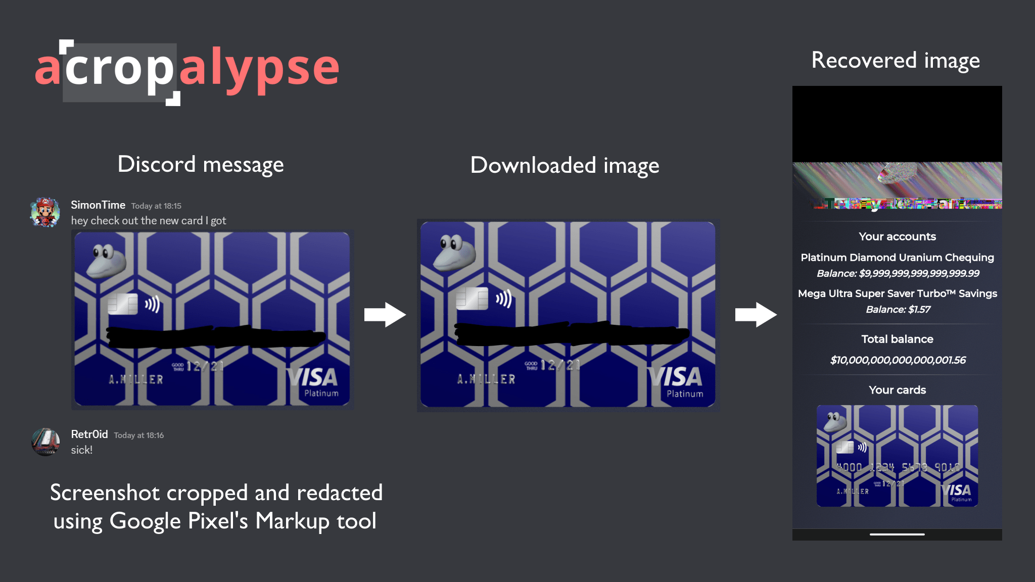 Introducing acropalypse: a serious privacy vulnerability in the Google Pixel's inbuilt screenshot editing tool, Markup, enabling partial recovery