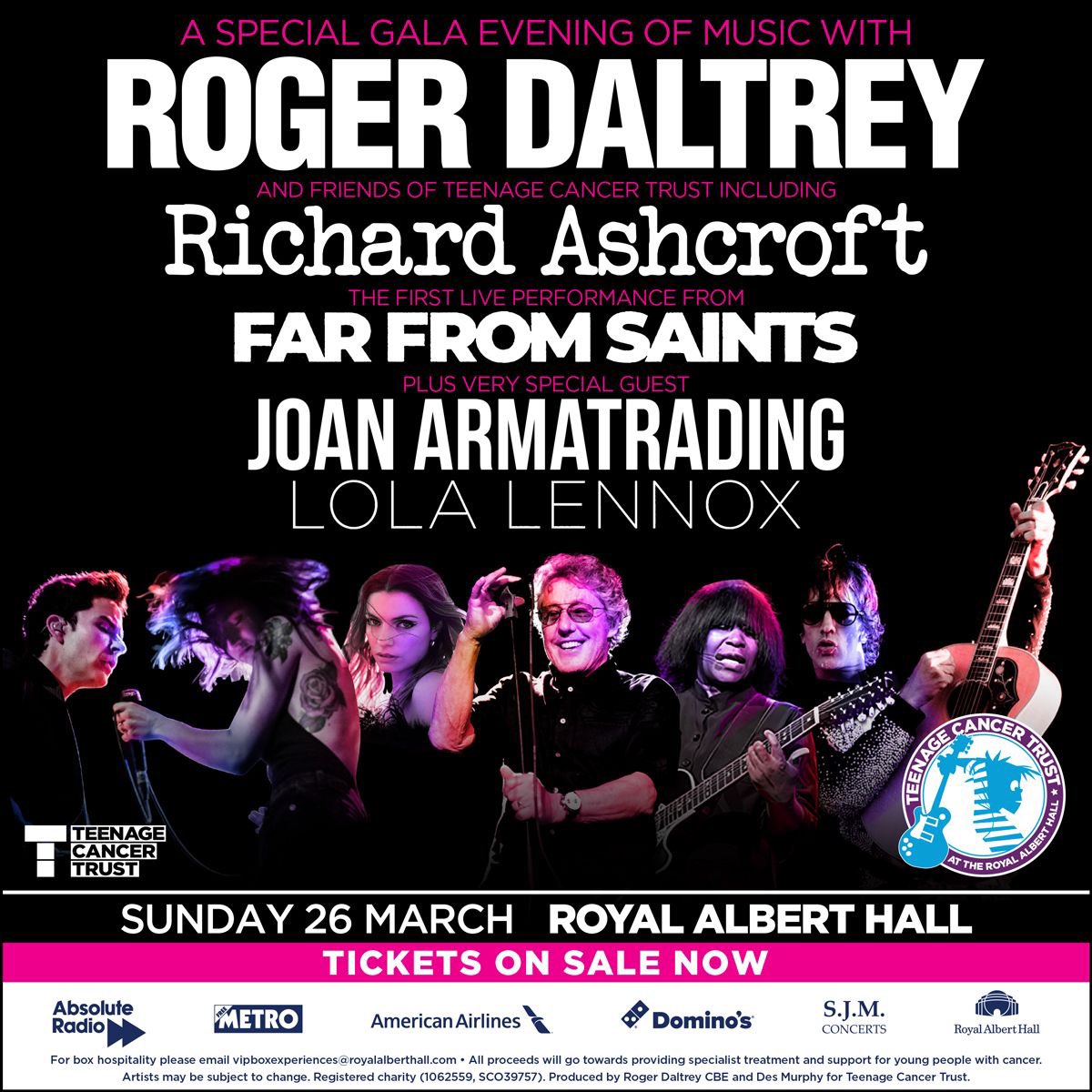 I am delighted to announce I’ll be performing at the Royal Albert Hall on March 26th for @teenage_cancer alongside @rogerdaltreyy @farfromsaintsband @richardashcroftofficial @joan_armatrading I’m honored to join such an amazing line up to raise money for such an important cause