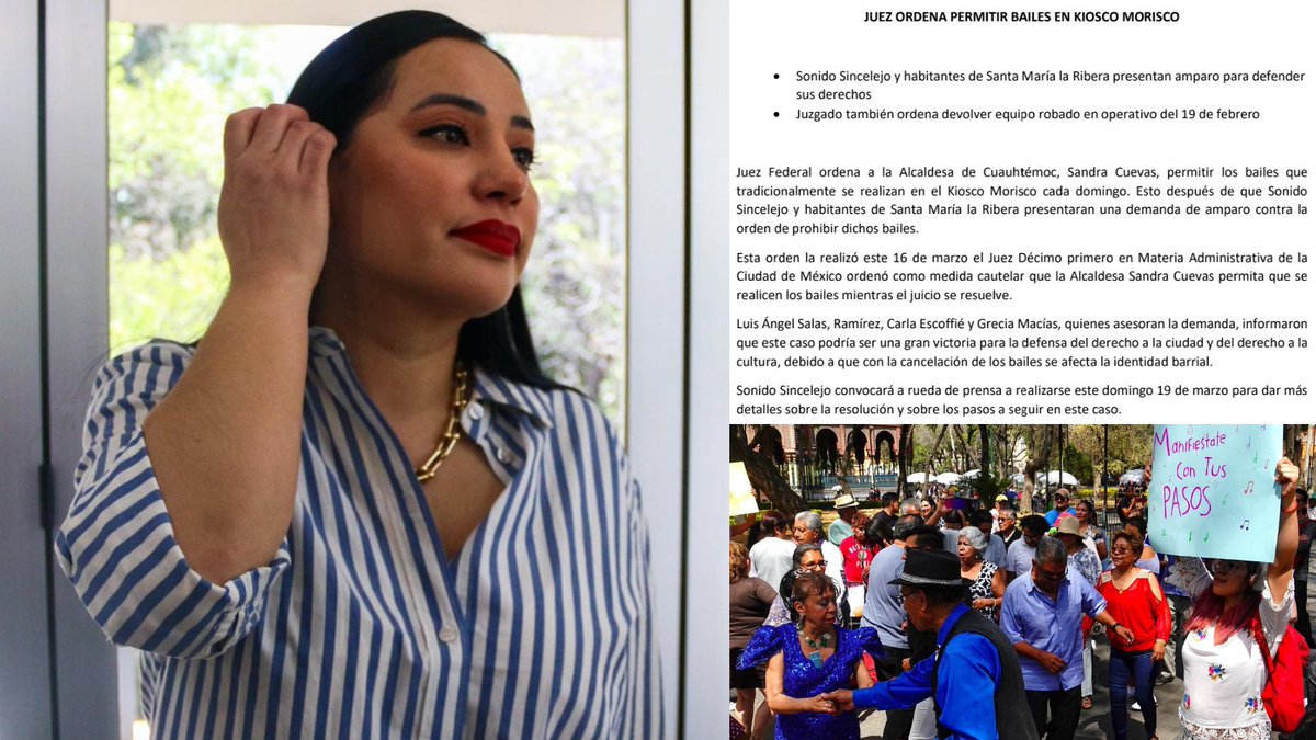 laoctavadigital's tweet photo. Juez ordena a Sandra Cuevas permitir los sonideros en Santa María la Ribera

Ante la demanda de amparo del Sonido Sincelejo y colonos, se ordenó a @SandraCuevas_ el regreso de los bailes en el Kiosco Morisco y que devuelva el equipo robado en el operativo del pasado 19 de febrero https://t.co/7lq5fI0xX6