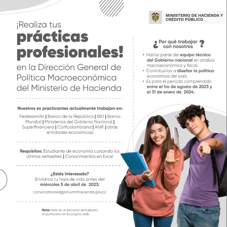Mariagomezf94's tweet photo. La Dirección General de Política Macroeconómica invita a los estudiantes de últimos semestres de economía a participar en su convocatoria de práctica presencial para el periodo 2023-II. @JoseA_Ocampo @GHernandezVT @diegoguevaro @danielesosorio @SamLibos @saramirezarias https://t.co/5K7IFFb2GM