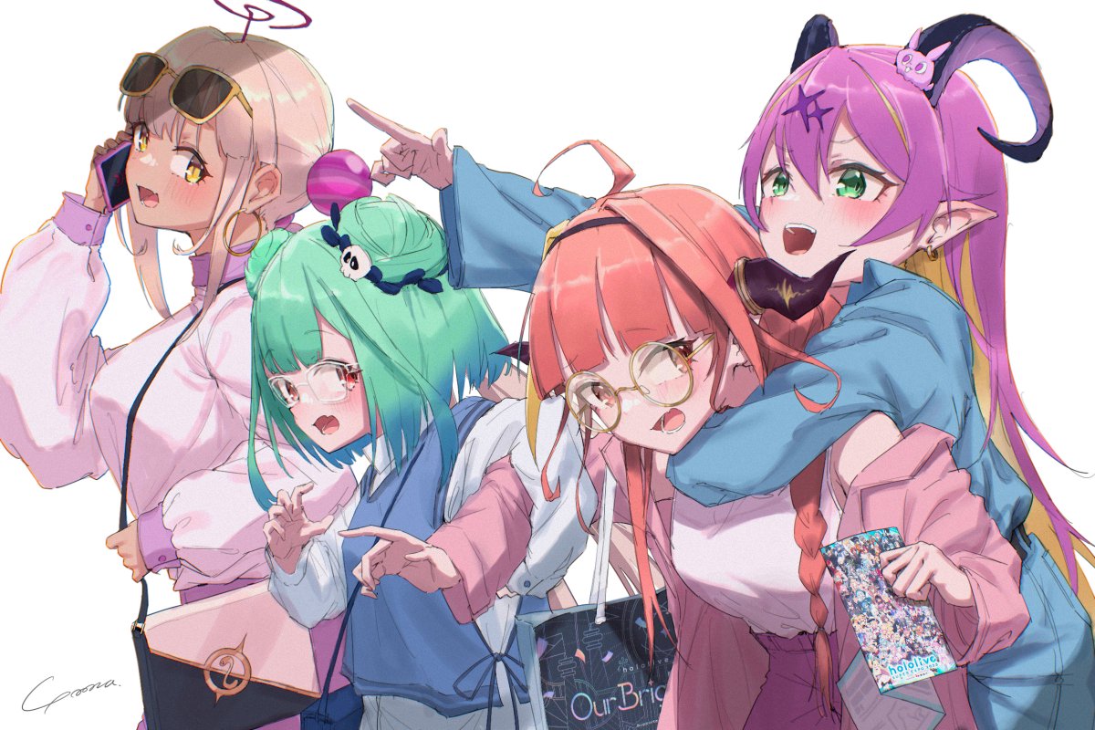 kiryu coco ,tsukumo sana ,uruha rushia multiple girls 4girls horns green hair blonde hair pointy ears bag  illustration images