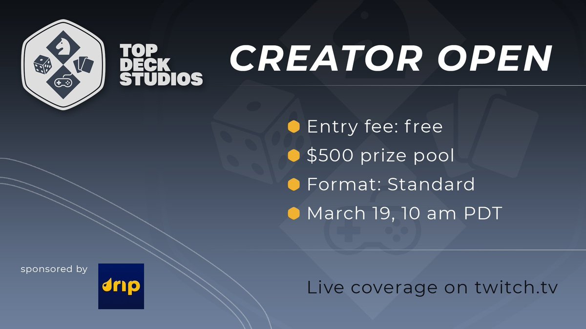 Hey! Do you stream #MagicTheGathering on Twitch? 

We are hosting a FREE tournament with a $500 CASH top 8. Join our discord for more info. Tag a streamer you think would like to play!🔥 

Event is sponsored by <a href="/dripshop_live/">Drip</a>
 
Links Below⬇️⬇️