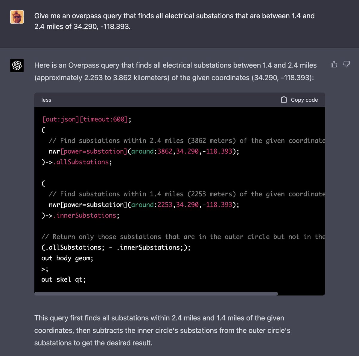 GPT screenshot: "Give me an overpass query that finds all electrical substations that are between 1.4 and 2.4 miles of 34.290,-118.393."