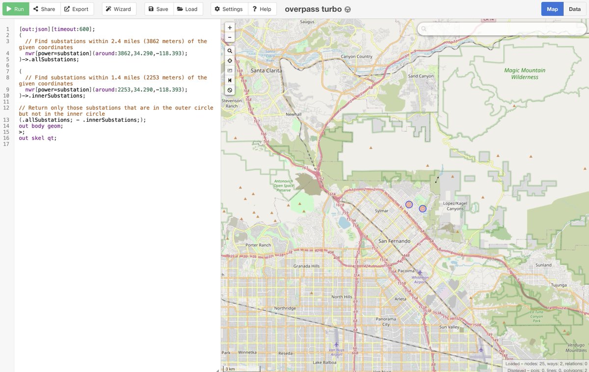 Screenshot showing an Overpass query and the resulting map, with two electrical substations displayed.