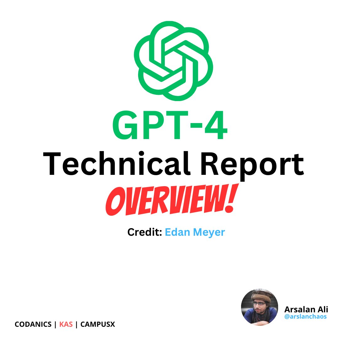 arslanchaos's tweet image. A lot of people are already using it through ChatGPT Plus or Bing-AI. Here&apos;s a brief overview of the &quot;𝐓𝐞𝐜𝐡𝐧𝐢𝐜𝐚𝐥 𝐑𝐞𝐩𝐨𝐫𝐭&quot; by OpenAI.

A Thread 🧵👇

#deeplearning #GPT4 #gptchat #chatgpt #Microsoft #openai #MachineLearning #codanics #campusx #artificialintelligence