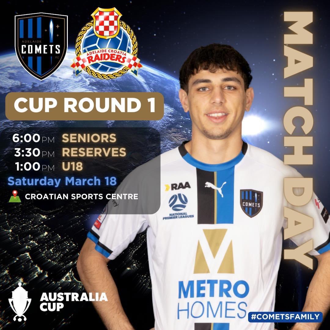 👉 Men's NPL Australia Cup Round 1 👈

Excited for Round 1 of the men’s #AustraliaCup against @CroatiaRaiders ⚽️

Get down to Croatian Sports Centre as we watch our Senior Men’s teams in action. 

We would love to see our #CometsFamily in support. 

#FFACup