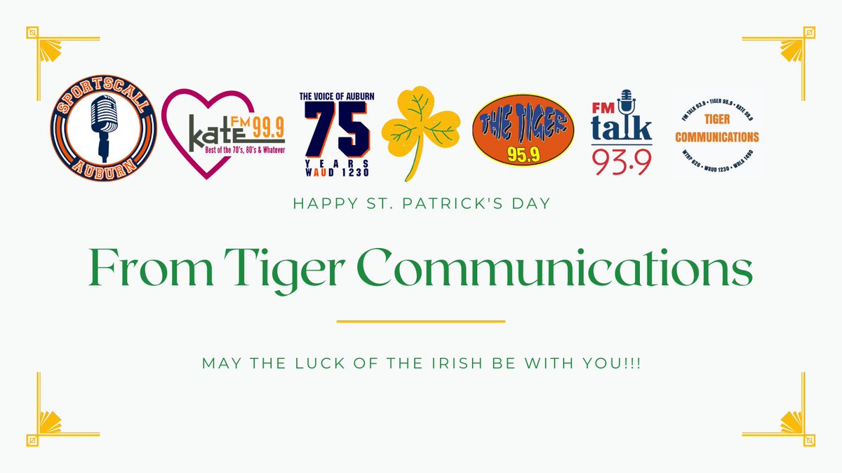 Happy St. Patrick's Day from all of us at Tiger Communications!!!

<a href="/WTGZfm/">Tiger 95.9 FM</a> 
<a href="/_FMTalk_/">FM Talk 93.9</a> 
<a href="/KateFM/">Kate 99.9 FM</a> 
<a href="/SportsCallAU/">SportsCall Auburn</a> 
<a href="/WAUD1230/">WAUD 1230 AM</a>