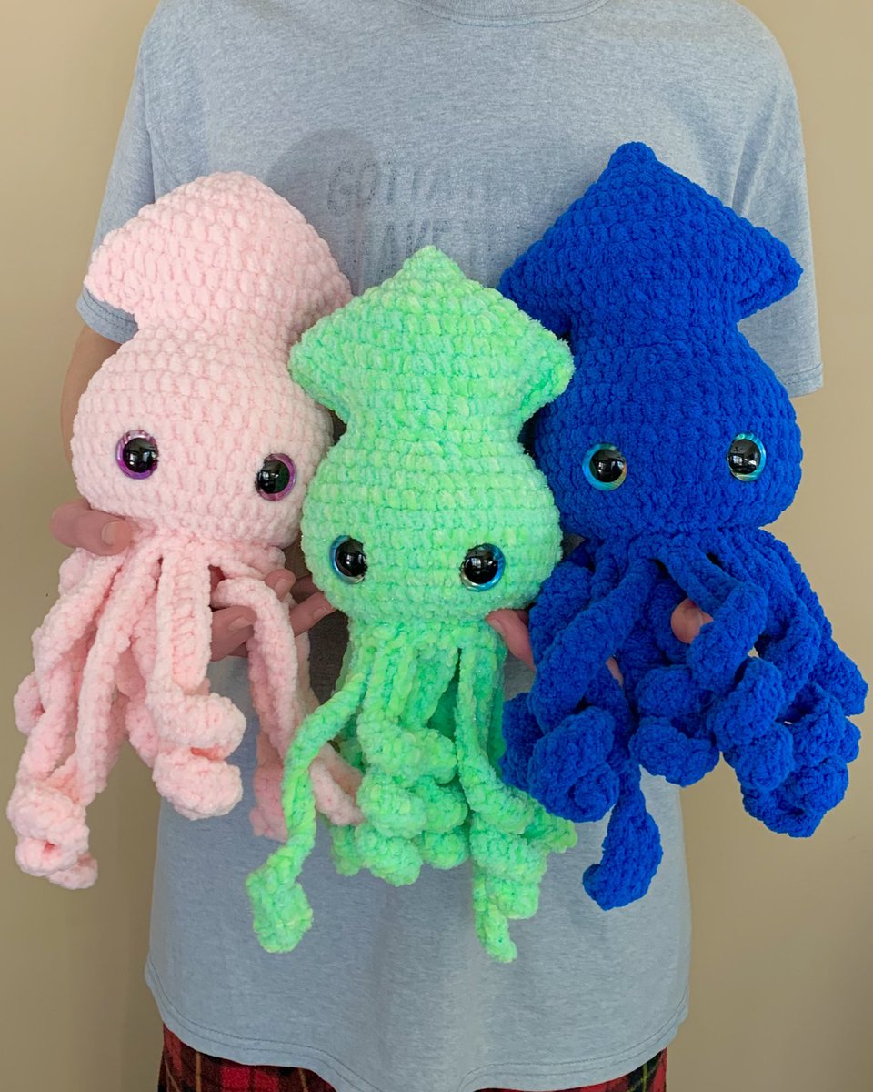Green and pink still available in my shop!!  I love these crocheted squid.
Link is in my bio