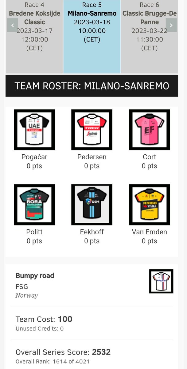 Allroundfantasy's tweet image. Cycling season is truly underway tomorrow with the first classic.
@velogames doing an amazing job with different fantasy games, great pricing, and points system. #Superclasico and #springclassics
Some tough choices had to be made.