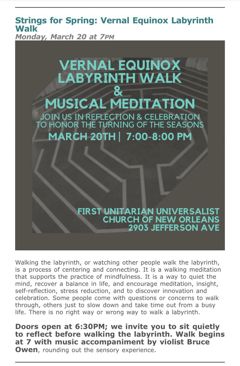 FUUNO's tweet photo. Join us Monday, March 20 at 7pm for a Vernal Equinox Labyrinth Walk #UUtwitter #UUpagan #UUfaith #equinox #cUUps https://t.co/pZVersisWm