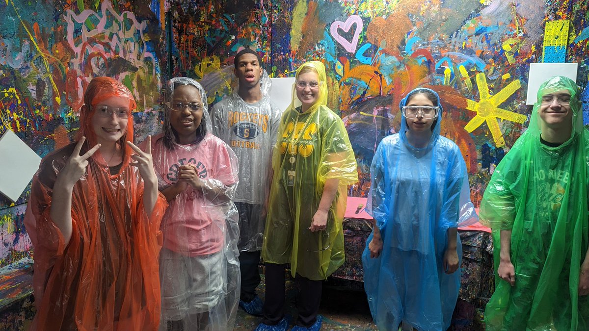 Mrs_Milton22's tweet photo. Our #FUNctionalFriday was to the Family Room where we got to splatter paint in a room to make our own paintings! What a fun and therapeutic activity to enjoy together on the last day before spring break! 🖌️ 🎨 💚#Room104 #SplatterRoom
#painting #SHSRockets https://t.co/Rw6GJ3N12P
