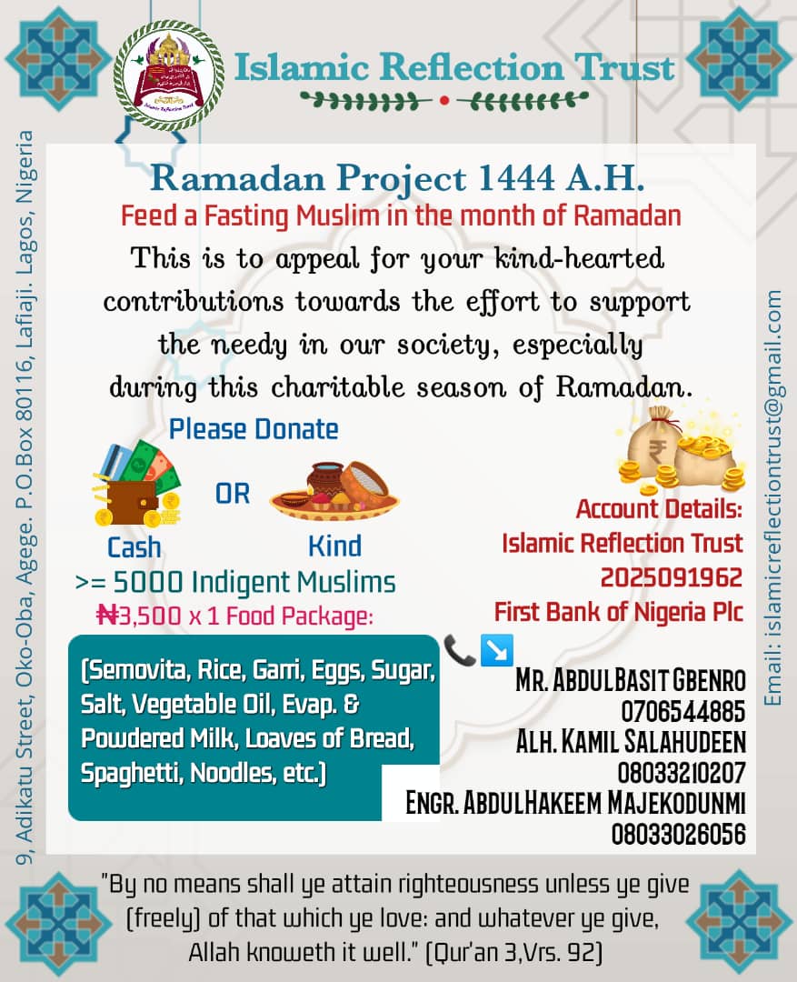 Salaam Alaikum wa rahmatullah wa barakatuhu. Please, kindly support the Cause and expect with grace Allah's superfluous gratification in super-abundance at a multi-spectral infinitum, ultra-transcendant 😊. And Please, kindly do retweet, and together let's inspire contribution 😇
