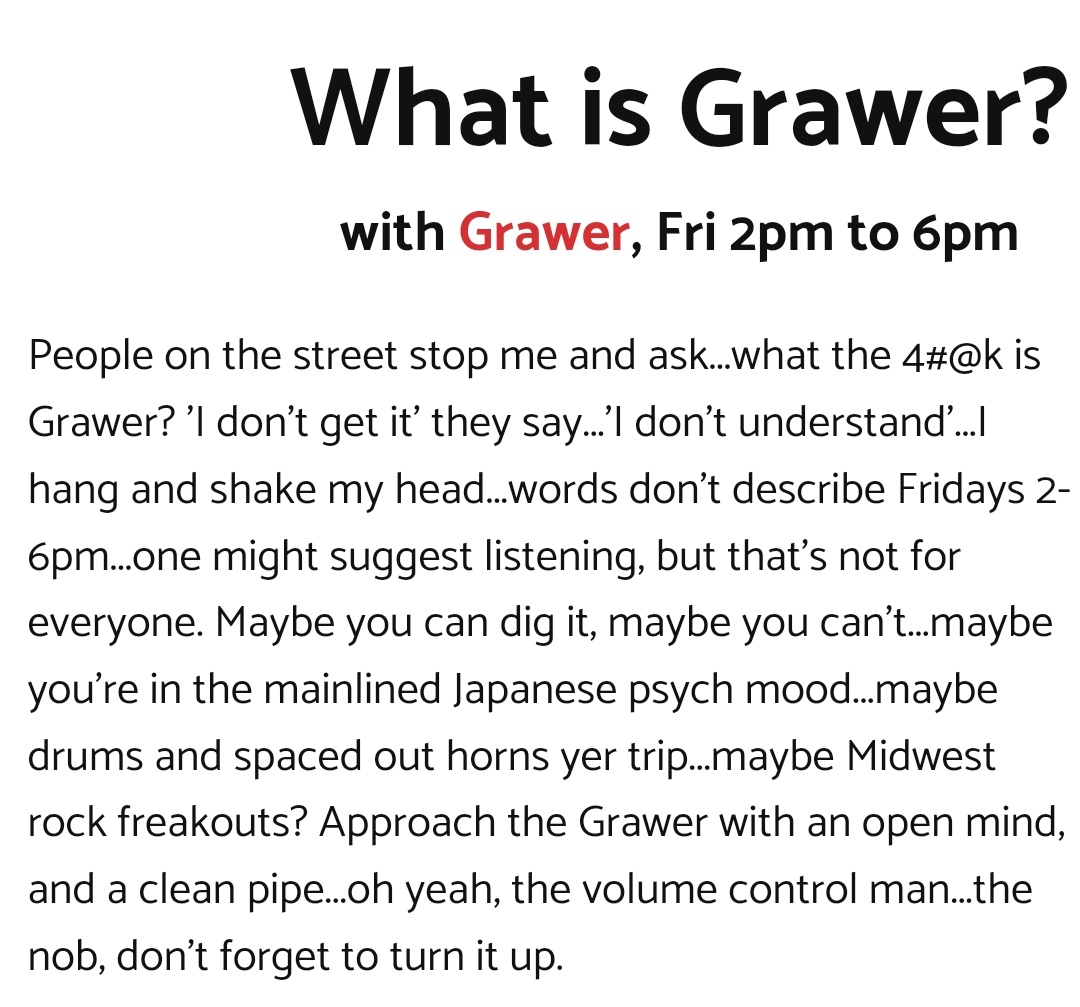 OpenlyClassist's tweet photo. You could try #Grawer on @KFJC897fm -one of my regular listens @NoirMJ.
It's on now.
Stream: https://t.co/HPiCb58vIw
Grawer: https://t.co/dAfEU0Z5Es
Local time: https://t.co/tXOnCfCCBk
Schedule:
https://t.co/HnevGCPZgn https://t.co/uUsPmrjfG3