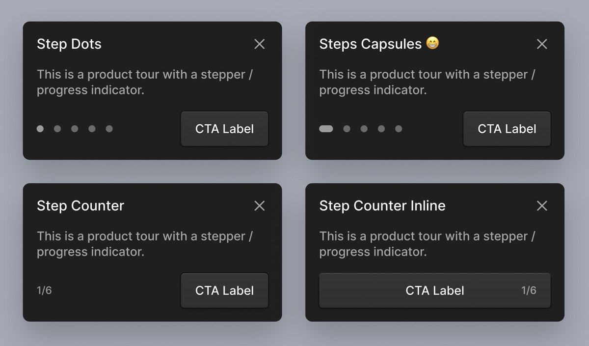 Friday Design Poll™
What should the tour step indicators look like?

1/ Dots
2/ Pills
3/ Step Counter
4/ Inline Step Counter