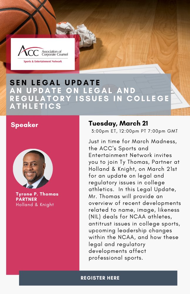 ACCSELC's tweet photo. Happy St. Patrick’s Day Sports &amp; Entertainment Network! ☘️🇮🇪 Please join us on Tuesday, March 21 at 3 pm EST for our legal update where we’ll discuss the latest on regulatory issues in college athletics! Just in time for March Madness!! https://t.co/zOY98Vz720