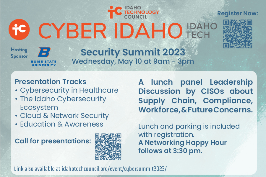 IDTechCouncil's tweet image. The Cyber Idaho Security Summit call for presentations are now open! 

#idahotech #techgrowshere #cybersecurity #idaho #technology 
Submit Here:
hubs.la/Q01Hq1D20