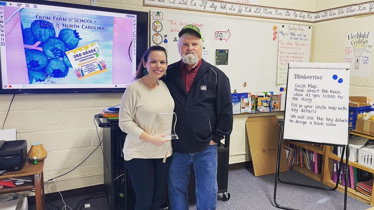 AgClassroom's tweet photo. Congratulations and surprise to @KristaBond of Poccosin Innovative Charter School in Washington County. She is our 2023 Teacher of the Year!  We had a blast surprising her with the award today, and meeting all of her 3rd grade students. @NCFarmBureau https://t.co/BaJzXjTs0l