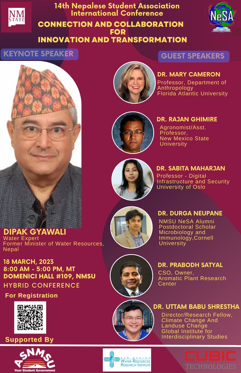 NMSUNews's tweet photo. The NMSU Nepalese Students Association will host the 14th annual International Conference 8 a.m. to 5 p.m. Saturday, March 18, in Domenici Hall, room 109. This year's theme is, “Connection and Collaboration for Innovation and Transformation” See more https://t.co/90WUY7Lz7h https://t.co/8kJ1SIUlyH