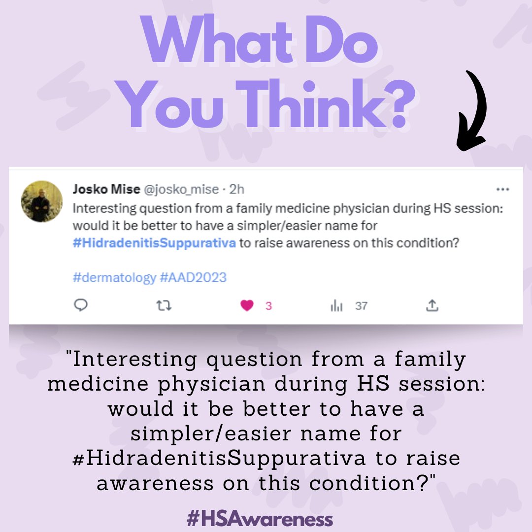 What do you think - should hidradenitis suppurativa be given a simpler name? RT @josko_mise #hsawareness #hidradenitissuppurativa #DermTwitter #Health #hidradenitissuppurativaawareness #hidradenitissuppurativawarrior #hidradenitissuppurativasupport #hidradenitis