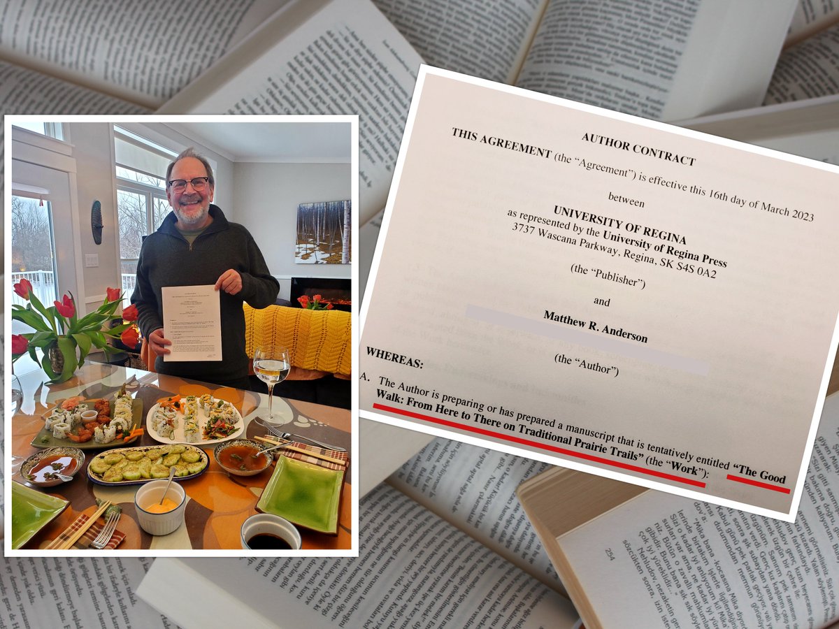 mramontreal's tweet photo. I don't know what to say! I just signed a #contract with @UofRPress for a #manuscript close to my heart. The Good Walk. It's the story of our long #Prairie walks on historic Indigenous and Settler trails. Coming out Spring 2024, just in time for #walking season.

@SKHistFolklore https://t.co/OdybcNRxp6