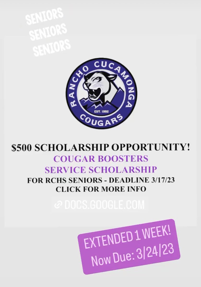 We’ve extended the deadline for Senior students to fill out the Cougar Booster Service Scholarship until next Friday, 3/24! Don’t delay! Click the link to apply! docs.google.com/forms/d/e/1FAI… <a href="/RanchoHSCougars/">Principal Aikens</a>