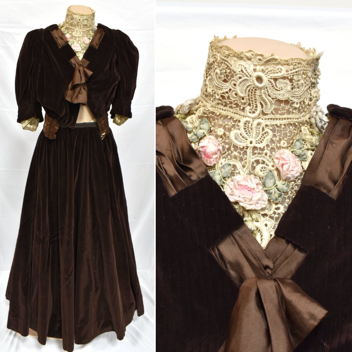 Brown velvet dress from the 1890s with guipure lace collar. The original owner must have been very slim; this number barely fits on our mannequin!
#victorianfashion #clothes