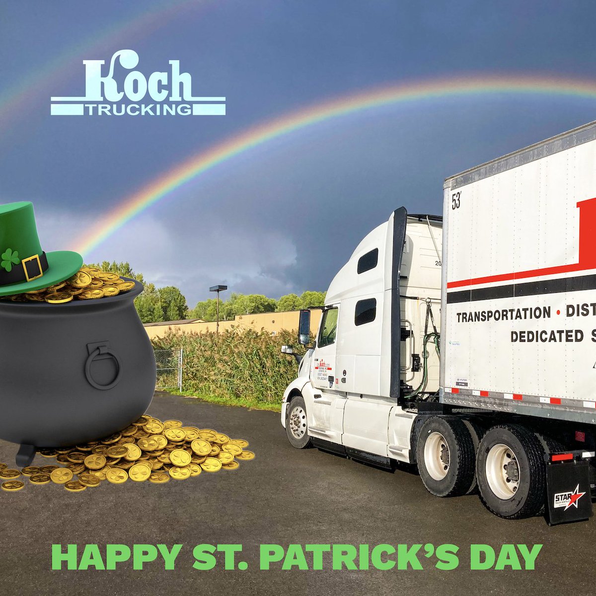 Have a safe and happy St. Patrick's Day from everyone here at Koch Trucking! 🎩 🍀 🌈 🚚 #stpatricksday #saintpatricksday #trucking #trucks #truck #truckdriver #trucker #logistics #trucklife #truckinglife #transport #transport #trucknation #bigrig #truckdaily #truckdrivers