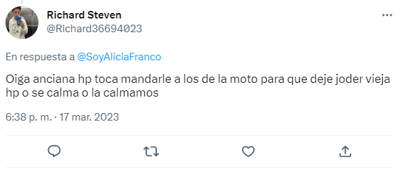 SoyAliciaFranco's tweet photo. Quiero hacer una denuncia pública, este señor Richard Steven me está amenazando. @PoliciaColombia @FiscaliaCol https://t.co/7pO2OhFKMY