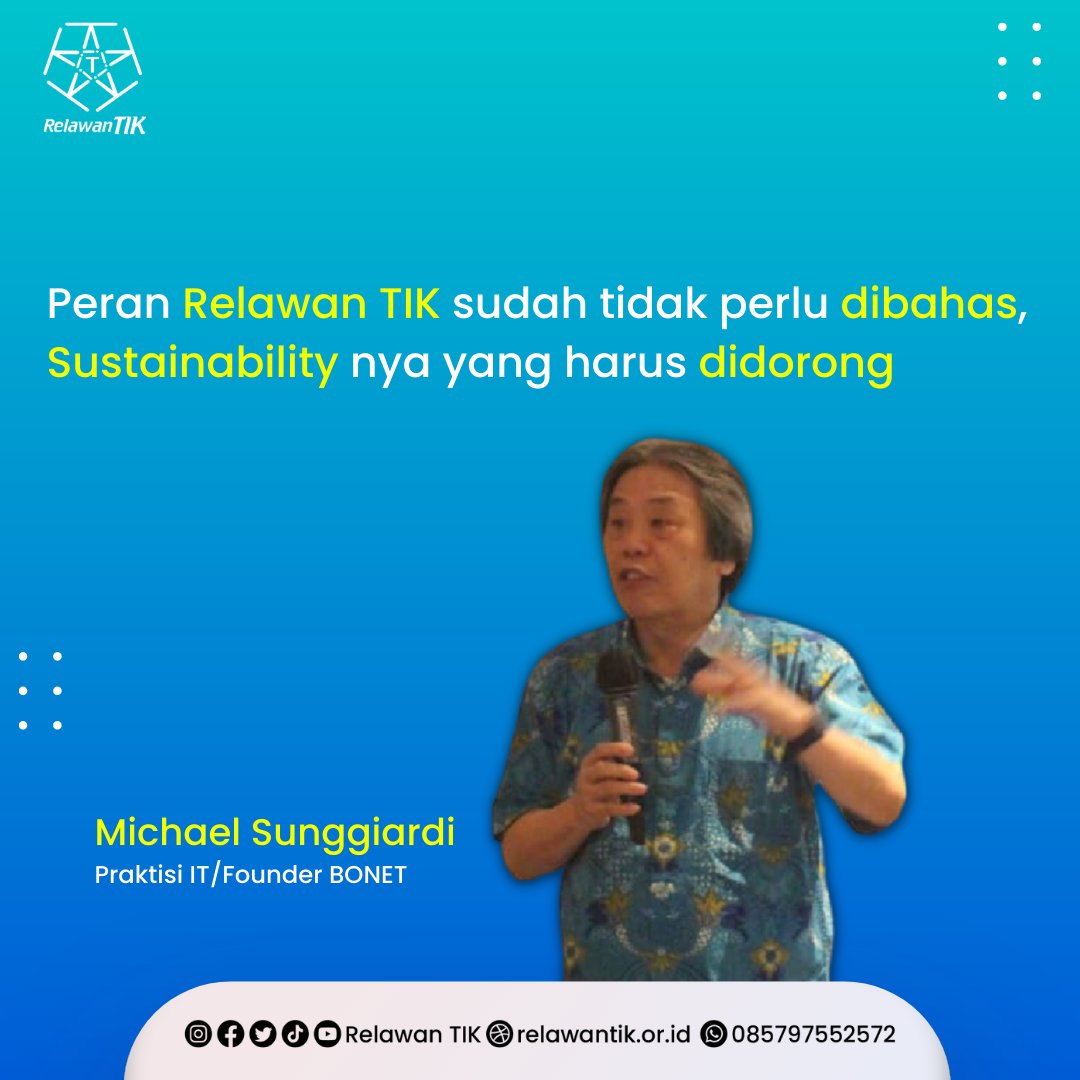 Peran Relawan TIK sudah tidak perlu dibahas, Sustainbility nya yang harus didorong, demikian ungkap Michael Sunggiardi praktisi IT sekaligus Founder BONET saat memberikan arahan pada Rapat Kerja Nasional RTIK 2023.

#BanggaJadiRelawanTIK #rakernas2023