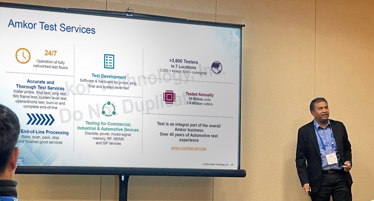 AmkorTechnology's tweet image. Amkor's Vineet Pancholi presented “#OSAT Production Testing of #5G, Power Discrete &amp;amp; #3D Packaged ICs“ on March 16 at #IMAPSDPC. Thank you to everyone who attended Vineet's presentation! To learn more about Amkor's advanced test solutions, visit amkor.com/test-services