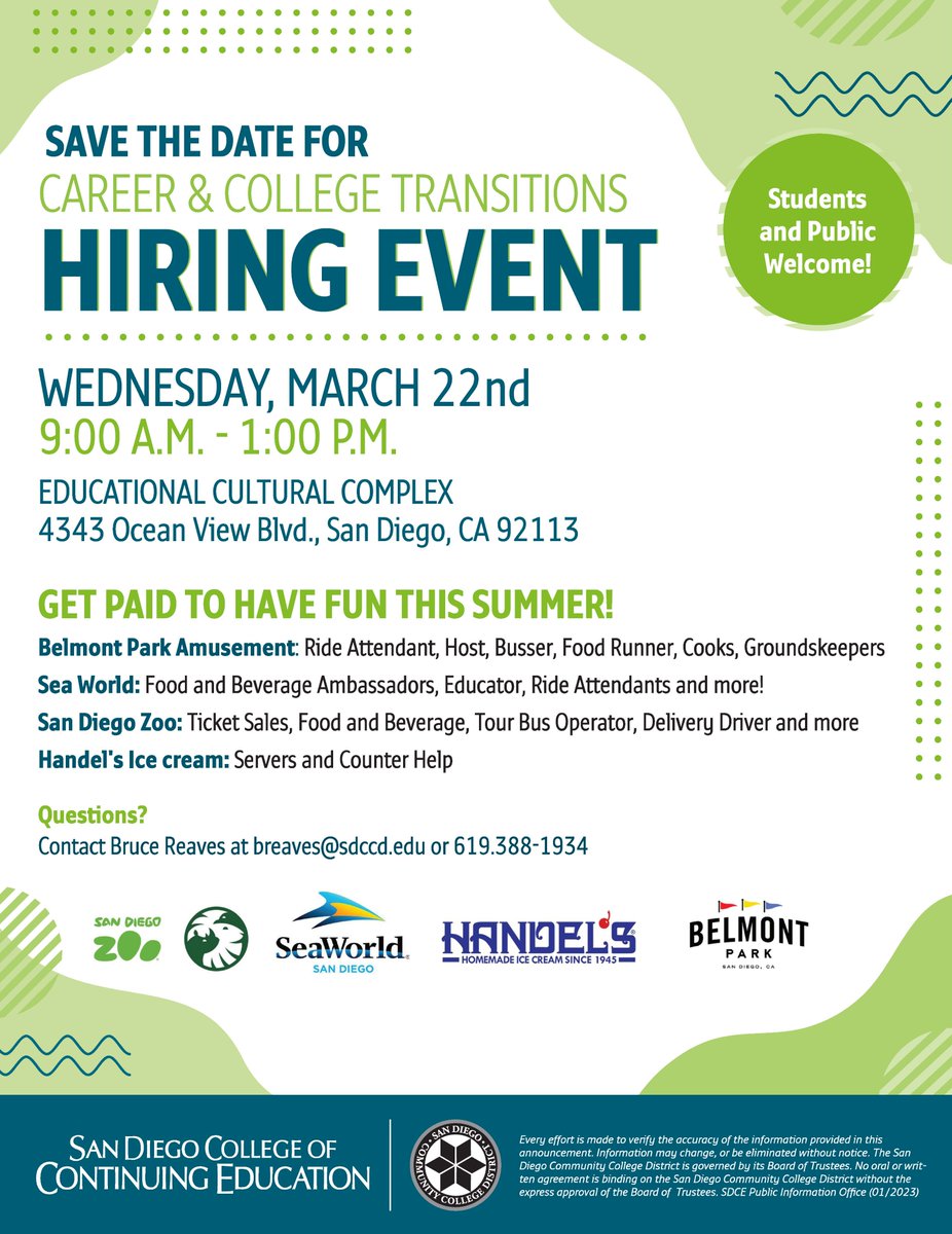 Summer Fun Day Hiring Event....ECC Wednesday March 22, 2023.