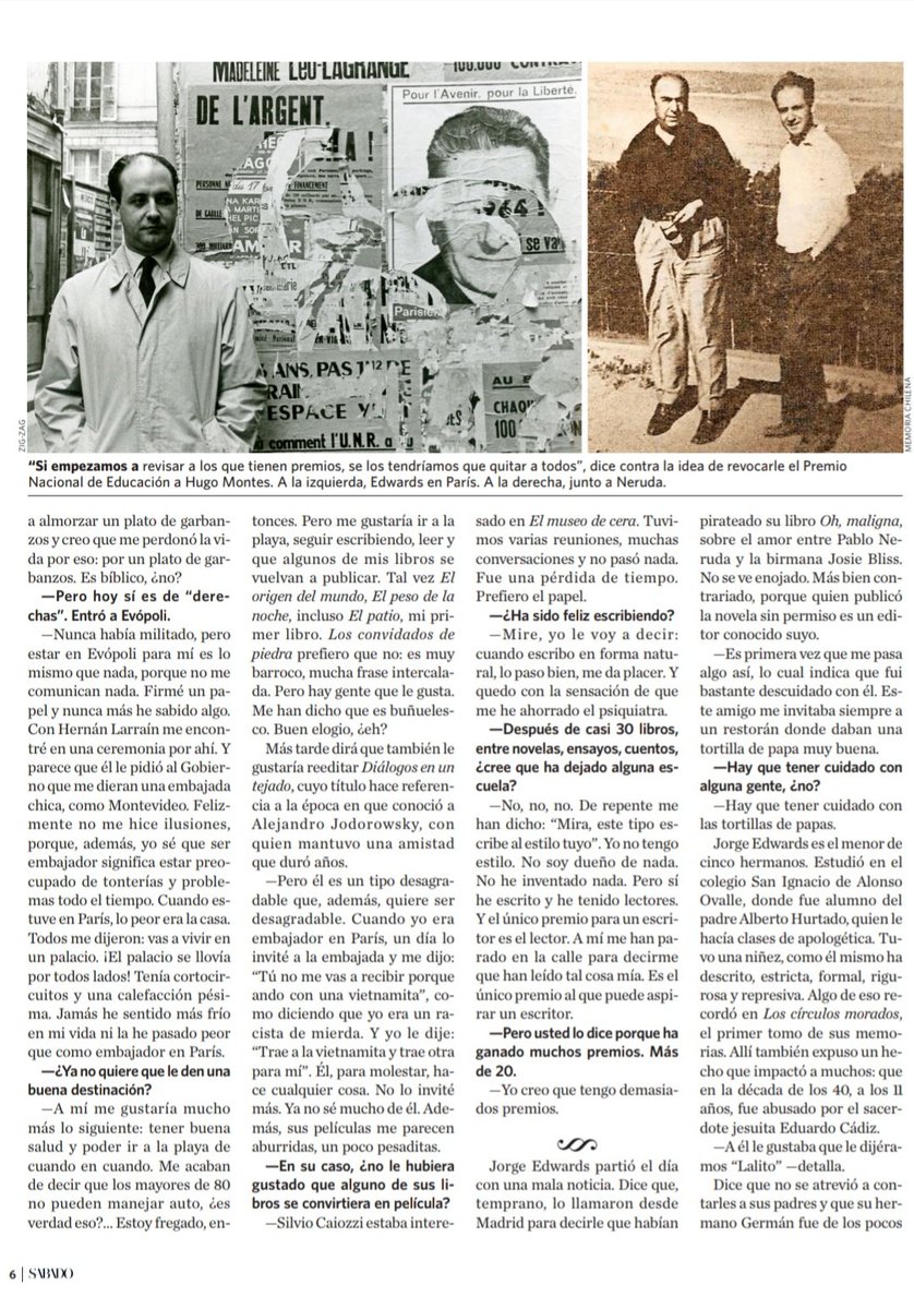 Revista_Sabado's tweet photo. A los 91 años falleció Jorge Edwards y desde Revista Sábado recordamos esta entrevista al escritor. 

"Si el diablo me ofreciera un pacto para vivir más, ¡lo firmo!", señaló entonces al periodista Gazi Jalil. https://t.co/W2mdQZH8EP