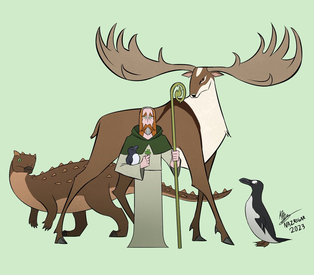 Today's Warmup: Saint Patrick and the Beasts of Ireland. Featuring Scelidosaurus, Megaloceros and the Great Auk. Of the three, only the auks were alive during his lifetime, when they were still common in Europe.

#StPatricksDay2023 #paleoart #paleontology #SaintPatricksDay