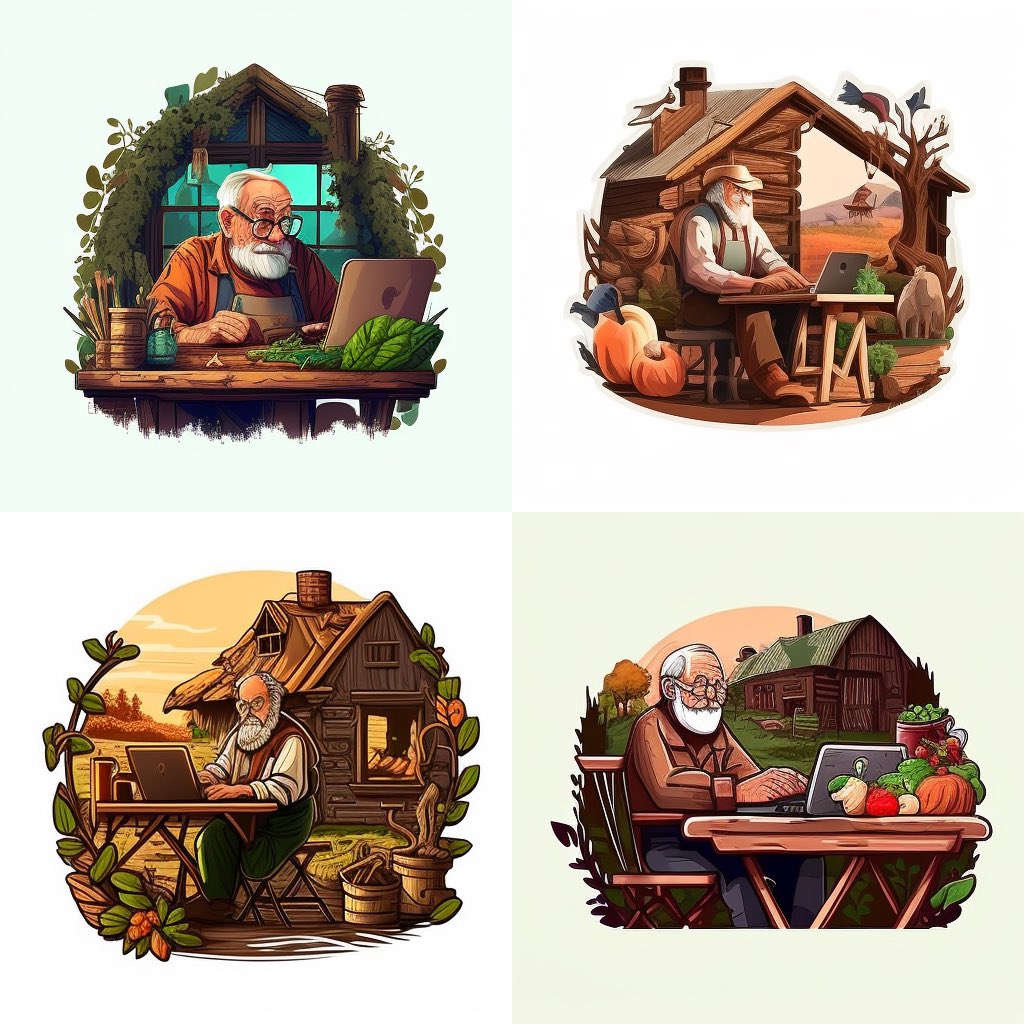 logo of old endearing grandpa sitting at farm table with laptop joyously programming an app, traditional scenery, craft, fine artisans, human-power, 4k, detailed