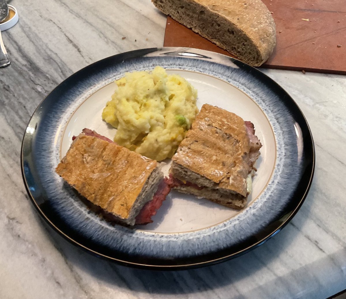 RunRideEatDrink's tweet photo. Happy #StPatricksDay2023. Corned beef on rye sandwiches with Gruyère and sauerkraut.  A healthy side of colcannon.  ☘️☘️. Thanks ⁦@ChefSteps⁩ https://t.co/nYCg3S7bVj