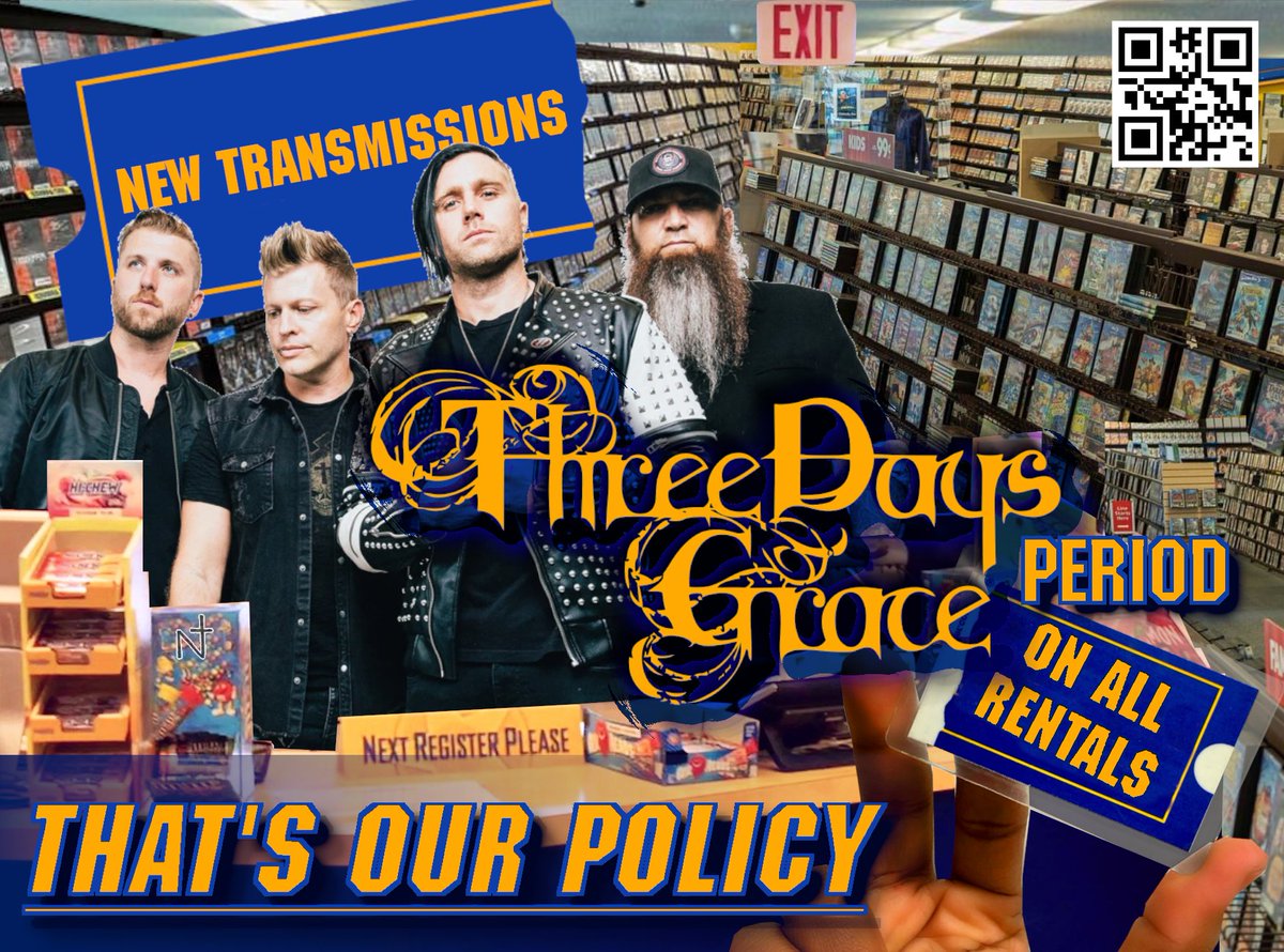 newtrnsmissions's tweet photo. Bring the good times Home!

#blockbuster X #threeDaysGrace X #newTransmissions https://t.co/ENPB8JuVbk